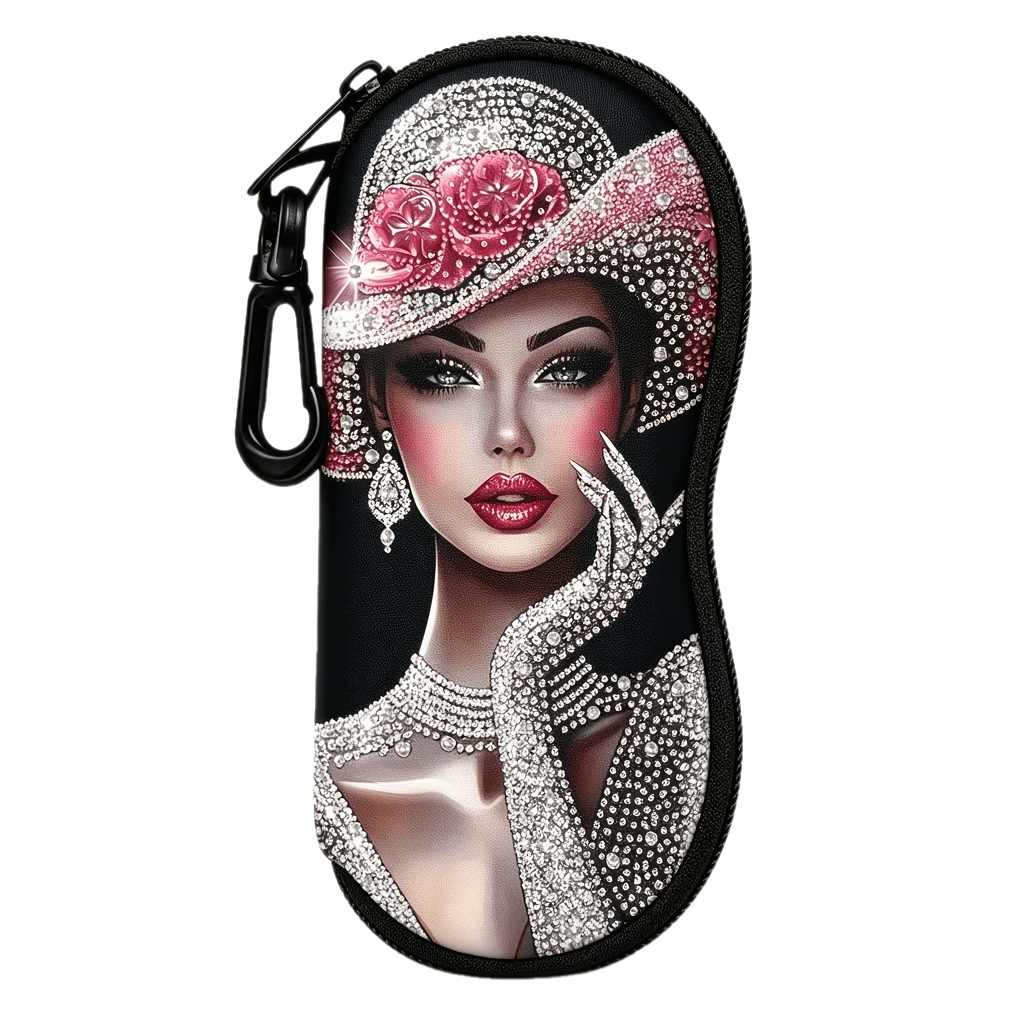 TEMU 1 stuks, Elegante Roze Diamant Roos Dames Bedrukte Neopreen Brillenhoes, Draagbaar met Haak, Krasbestendige en Duurzame Brillen Tas,