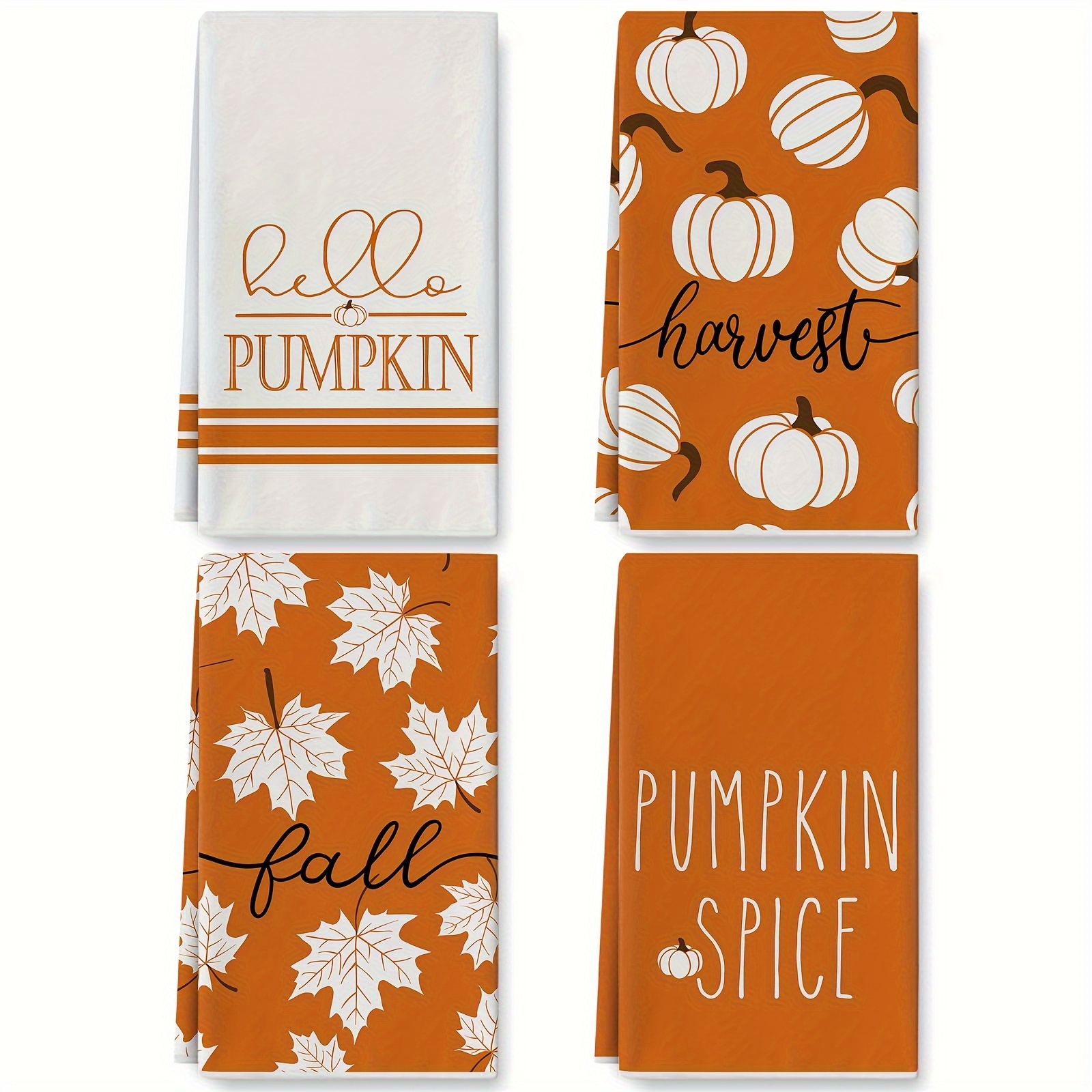 

4-piece Fall Harvest Kitchen Towel Set - Ultra Soft Polyester, Pumpkin & Maple Leaf Designs For Thanksgiving, Farmhouse Cooking & Baking