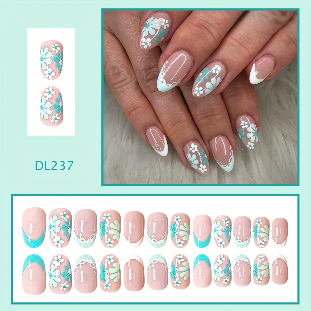 24pcs Short Oval Bow Green And White Floral Press-on Nails, Removable Fake Nails