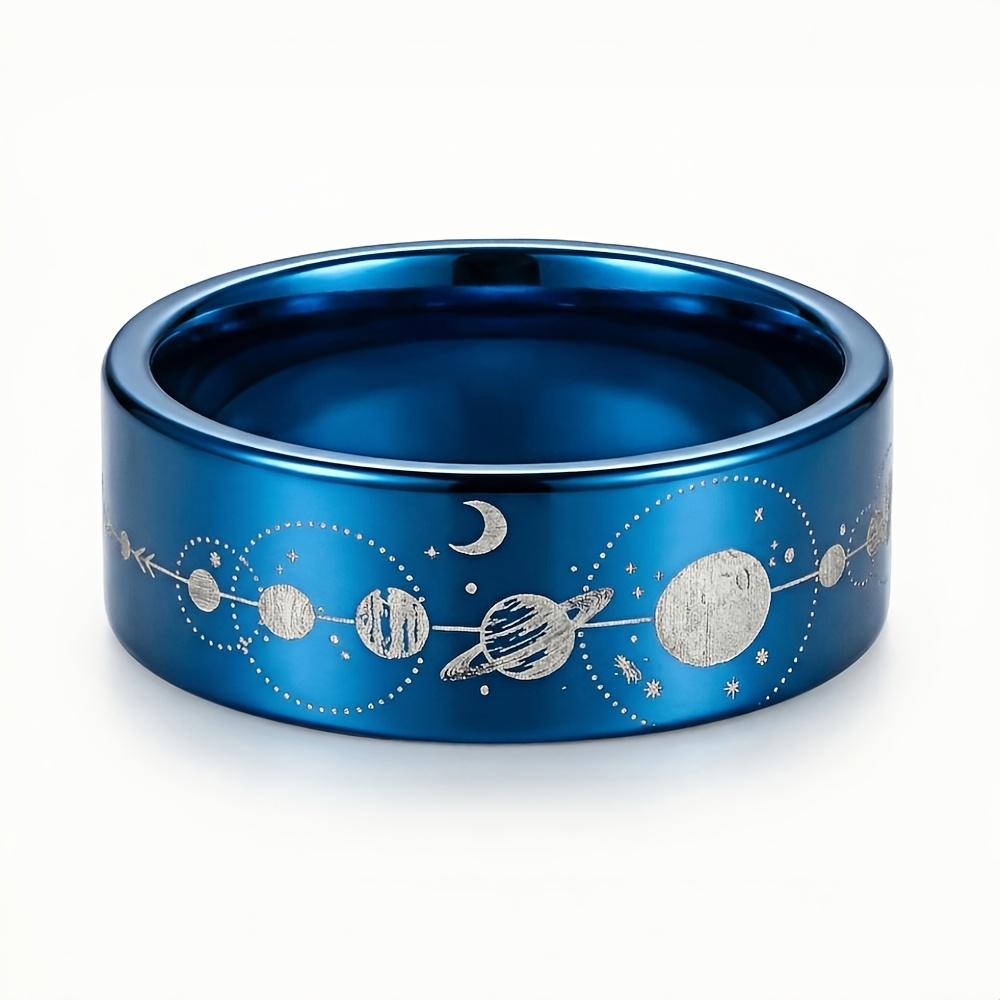 Engraved Blue Tungsten Carbide Cosmic Planet Wedding Band