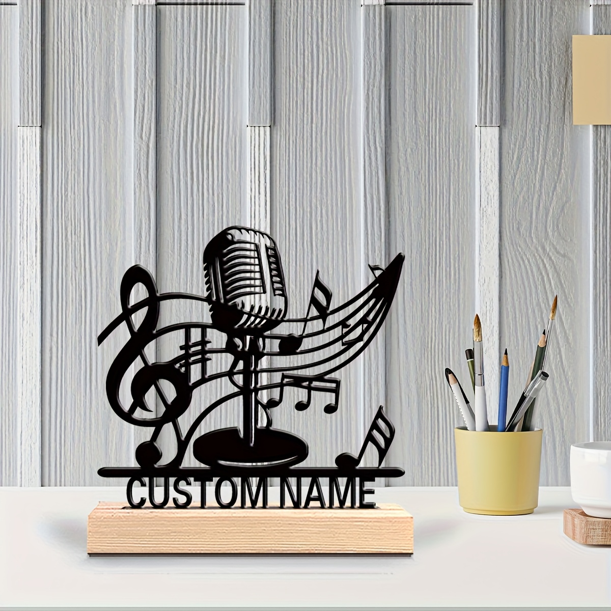TEMU Collectible Figurines ï¼1pc Personalized Music Note & Microphone Trophy - Song Lyrics/name Metal Sculpture With Name Plate, Singer/musician Awar