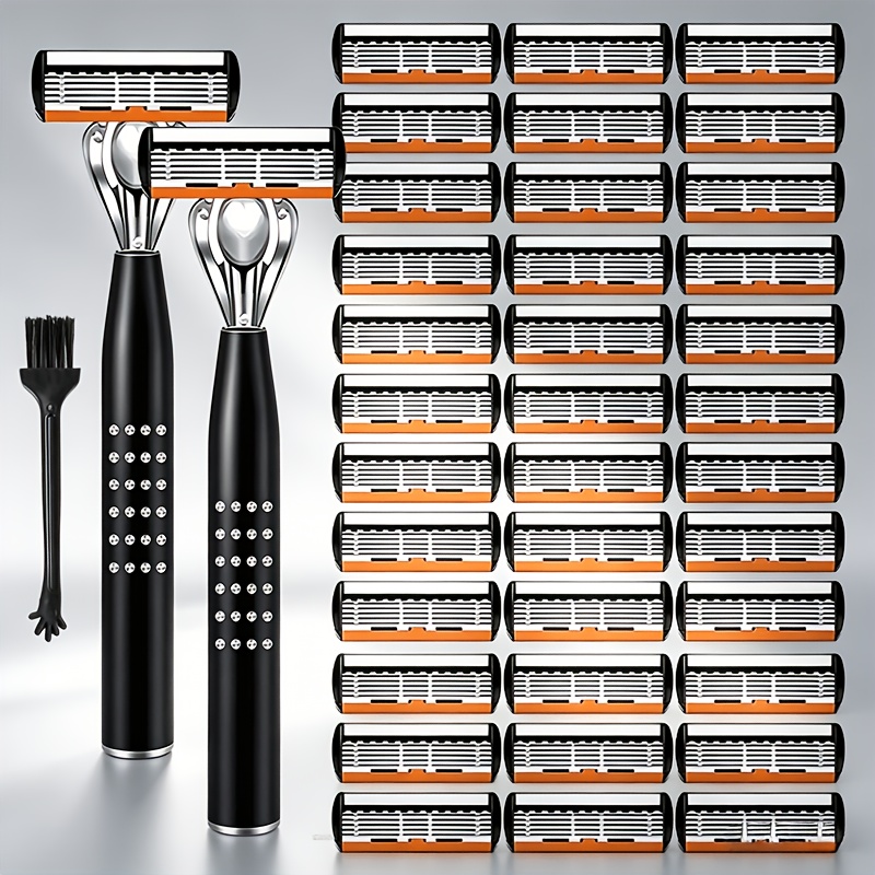 Image of 2 Handles + 36 , 6-layer Stainless Steel Safety Razor, Same Style High-end Diamond-studded Razor Holder, Replaceable Blade Shaving Set, Unisex Hair Removal Tool, And With A Cleaning Brush For