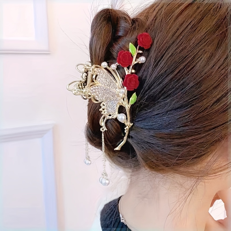 ロングビンテージヘアクリップ ラインストーンフリンジ付き 大きな