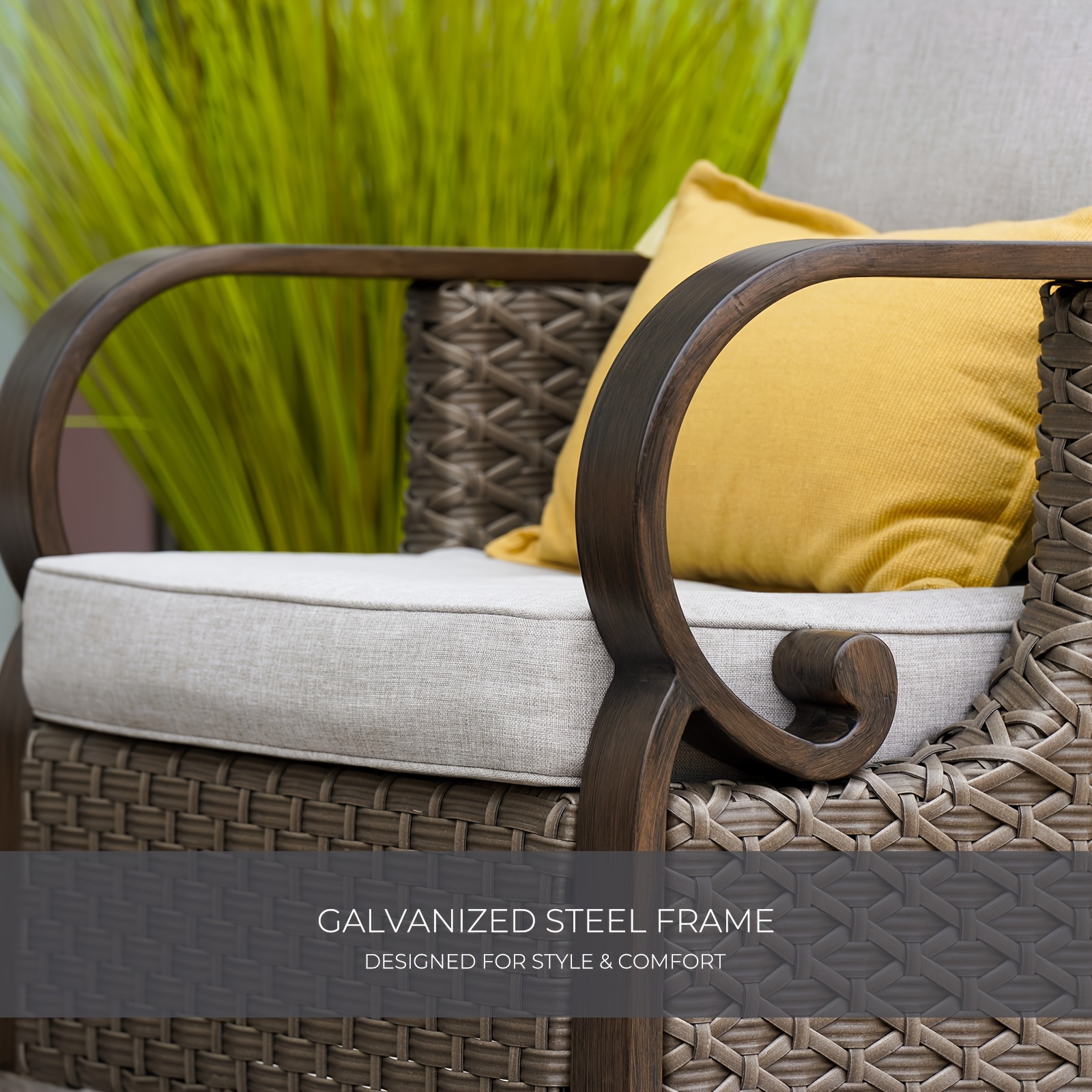 4pcs frame wicker patio furniture set with cushioned swivel rocking   table weather indoor outdoor sofa suitable for deck poolside for celebrations woodgrain   frame assembly Product details 4