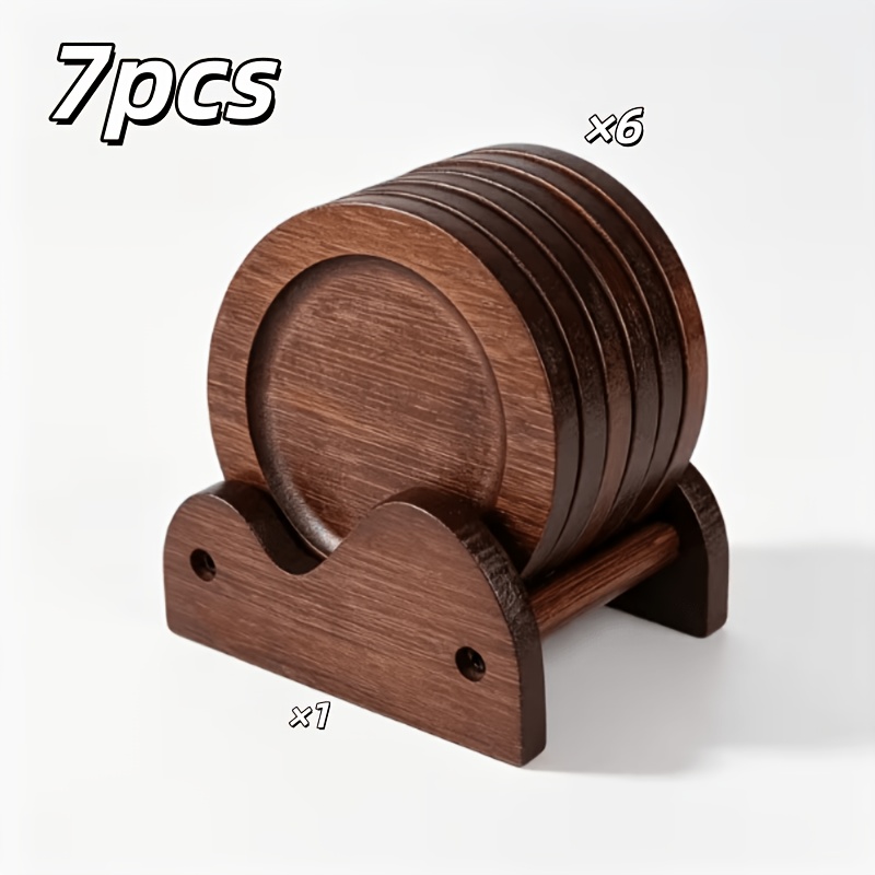 TEMU 7pcs Handmade Thick Wooden Coasters - Heat-resistant & Anti-slip Suitable For Coffee Tables, Rustic Wood Cup Holders With Wood Grain Table