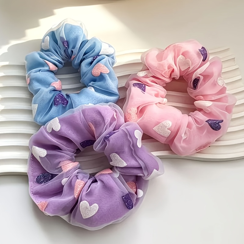 TEMU 3pcs Korean Style Girly Heart-shaped Sparkly Large Ponytail Holder, Double-layer Mesh Organza Hair Tie, High-end Hair Accessory For Women