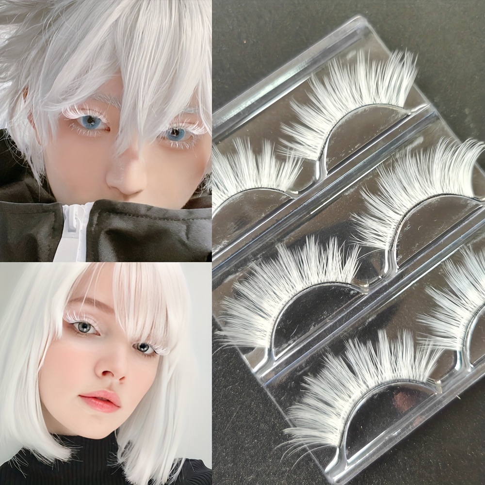 

Cosplay White Long Manga Anime Character False Eyelashes, Stage Performance Full Strip Hard Stem False Eyelashes, 3 Pairs