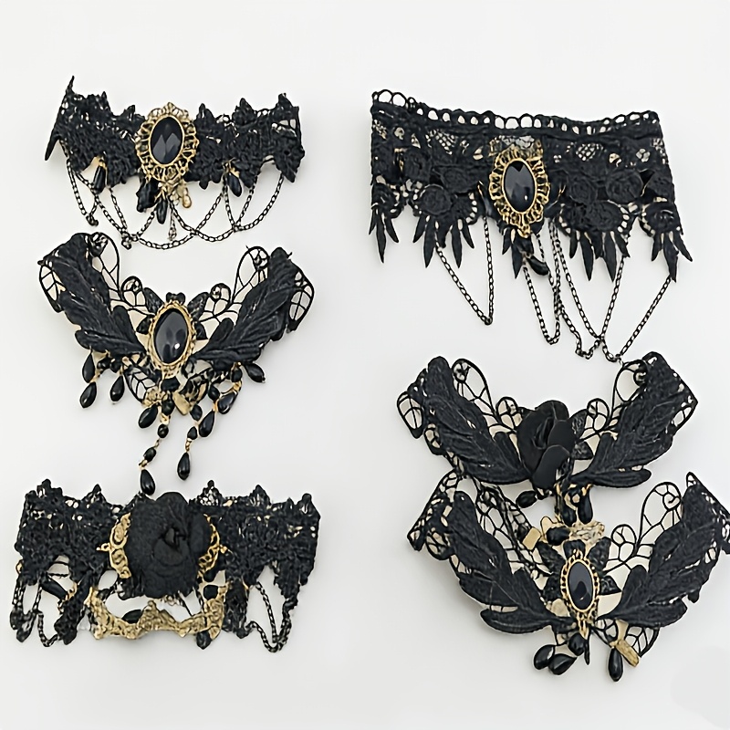 TEMU 6pcs Gothic Style Black Lace Fashion Chokers, Lolita Clothing Accessories, Suitable For Daily Commuting, Banquets, And Parties, A Perfect Gift