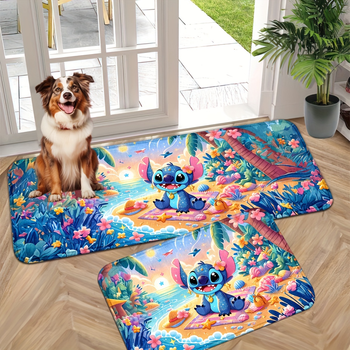 

Stitch Tropical Paradise Doormat - Anti-slip Polyester Knit Mat, Machine Washable, Non-slip Carpet For Entryway, Bedroom, Bathroom - Compact, Easy To Clean, Decorative Design