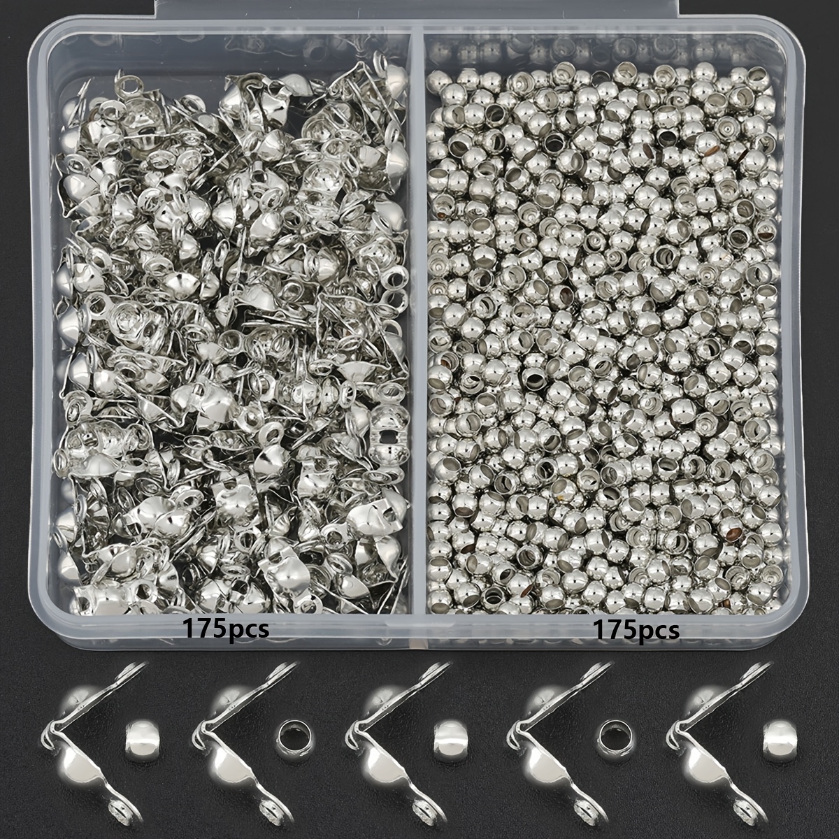 TEMU 2D Plat - 350pcs/Boîte Blanc K DI Pièces de Fabrication de Bijoux, Incluant 175pcs Fermoirs Mousqueton et 175pcs Perles d'Espacement, Convient