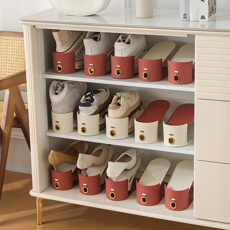 10pcs Shoe Rack, Vertical Stripe with Golden Ring. Stylish Color Scheme. Space-Saving, Solves Messy Issues, Fits All Kinds of Shoes. Foldable Splicing, Free Combination, Suitable For Living Room, Dormitory, Closet. Durable Pp Material