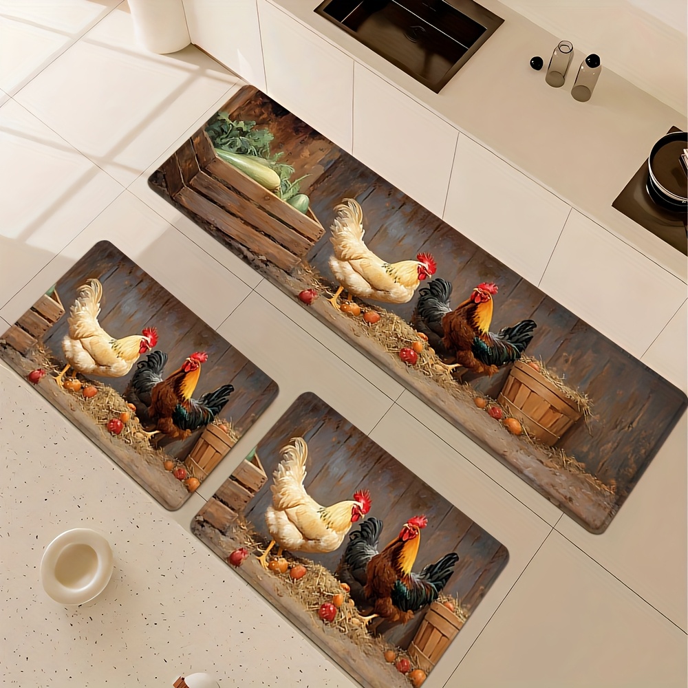 TEMU Ensemble de 3 tapis de cuisine pour et l'été avec motif de poule rurale, matériau de rembourrage et confortable, adapté pour les entrées,