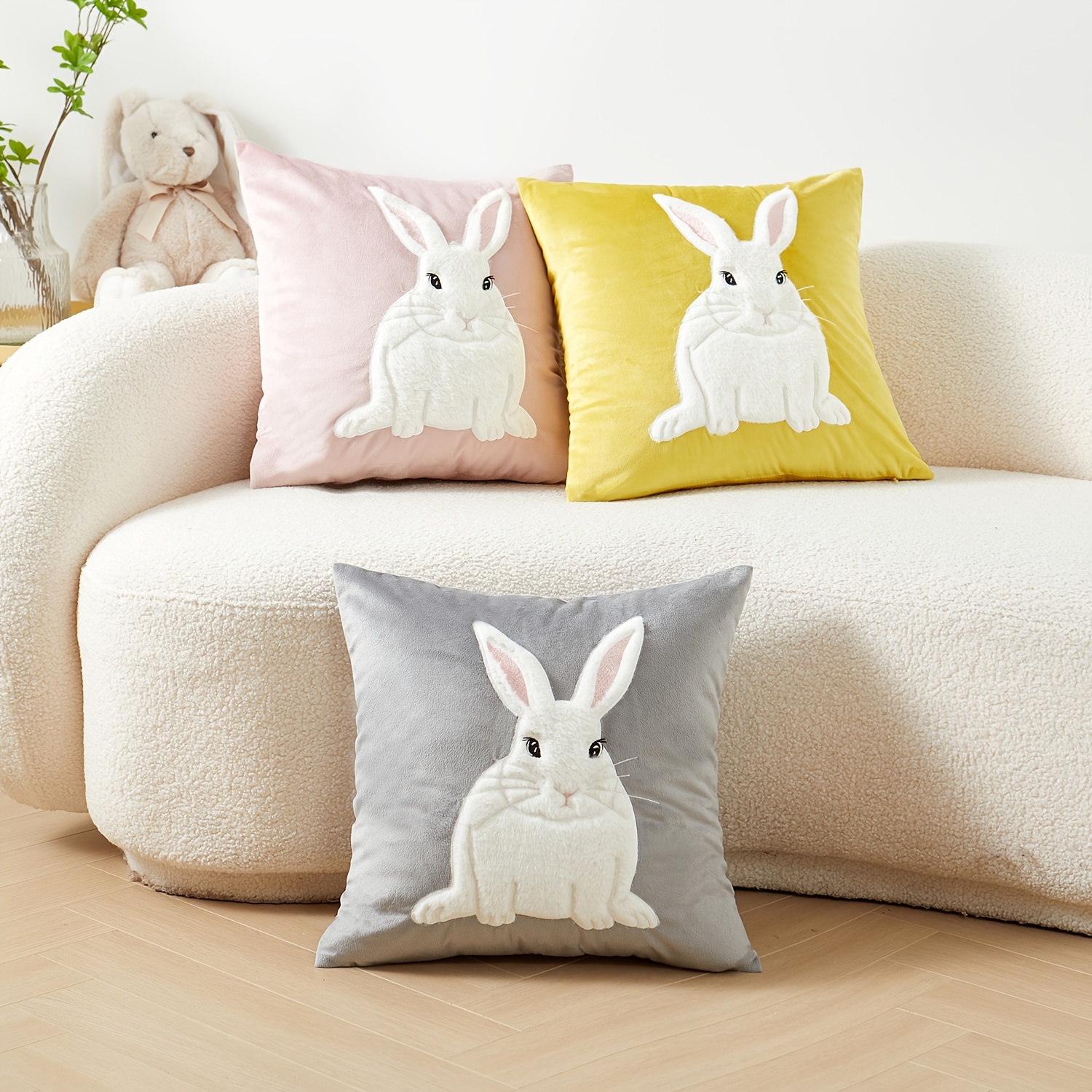 

3d Bunny Pillow Covers, 1pc, 17.7x17.7inch, Polyester 100%, Machine Washable, Zippered, Embroidered Single-sided, Contemporary Style, Woven, For Sofa, Living Room, Bedroom Decor, No Insert