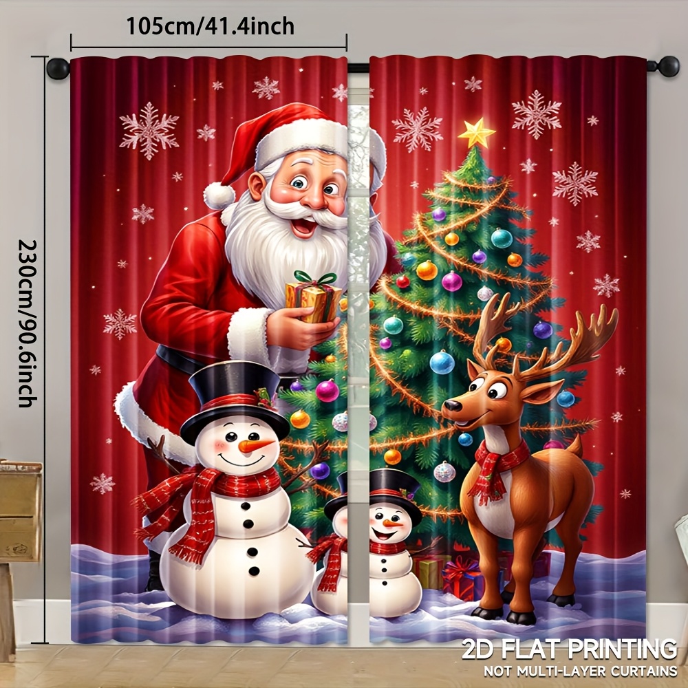 TEMU 2pcs Christmas Kitchen Curtains Santa Snowman Reindeer Tree Print 100% Polyester Semi-translucent Rod Pocket Window Curtains For Bedroom, Living