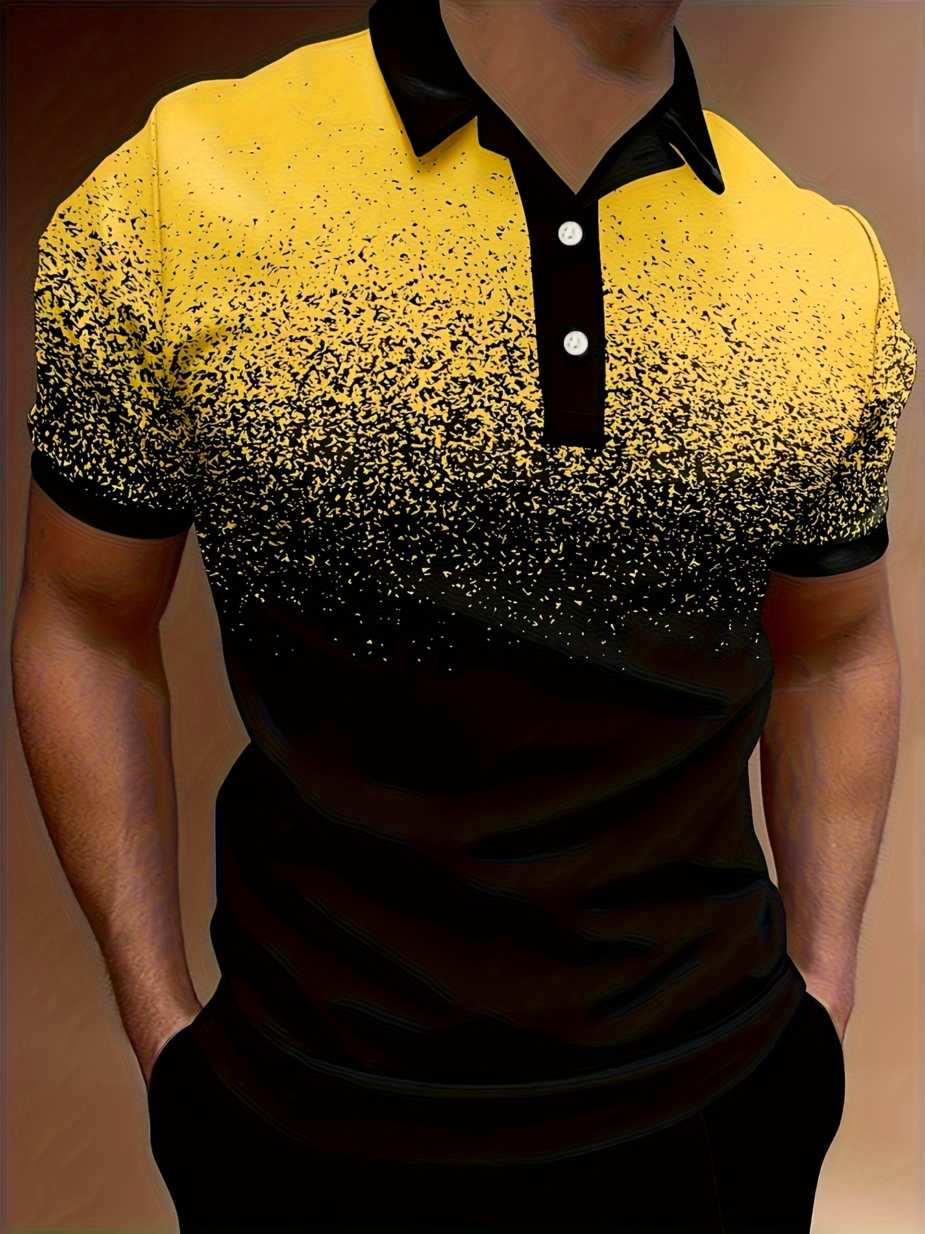 Plus Size Men's Gradient Color Pattern Graphic Print Golf Shirt For Summer, Trendy Casual Short Sleeve Tees For Big & Tall Males