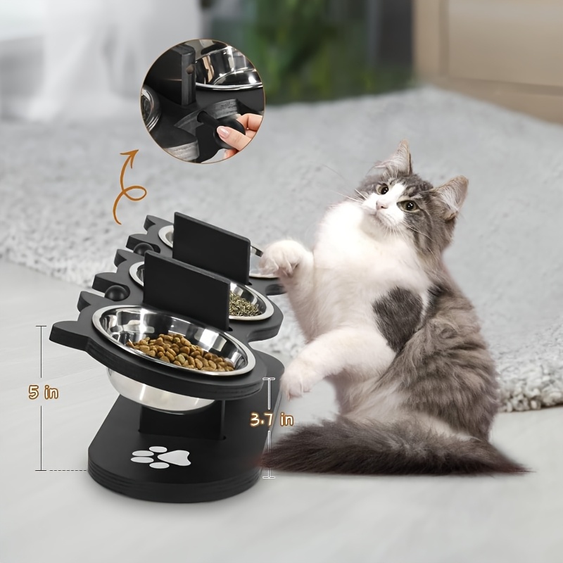 Set de Boluri pentru Pisici Ridicate cu 4 Boluri din Oțel Inoxidabil - Bol Inoxidabil Înclinat la 15°, Înălțime Reglabilă cu Suport Negru, Cadou Ideal pentru Proprietarii de Animale de Companie