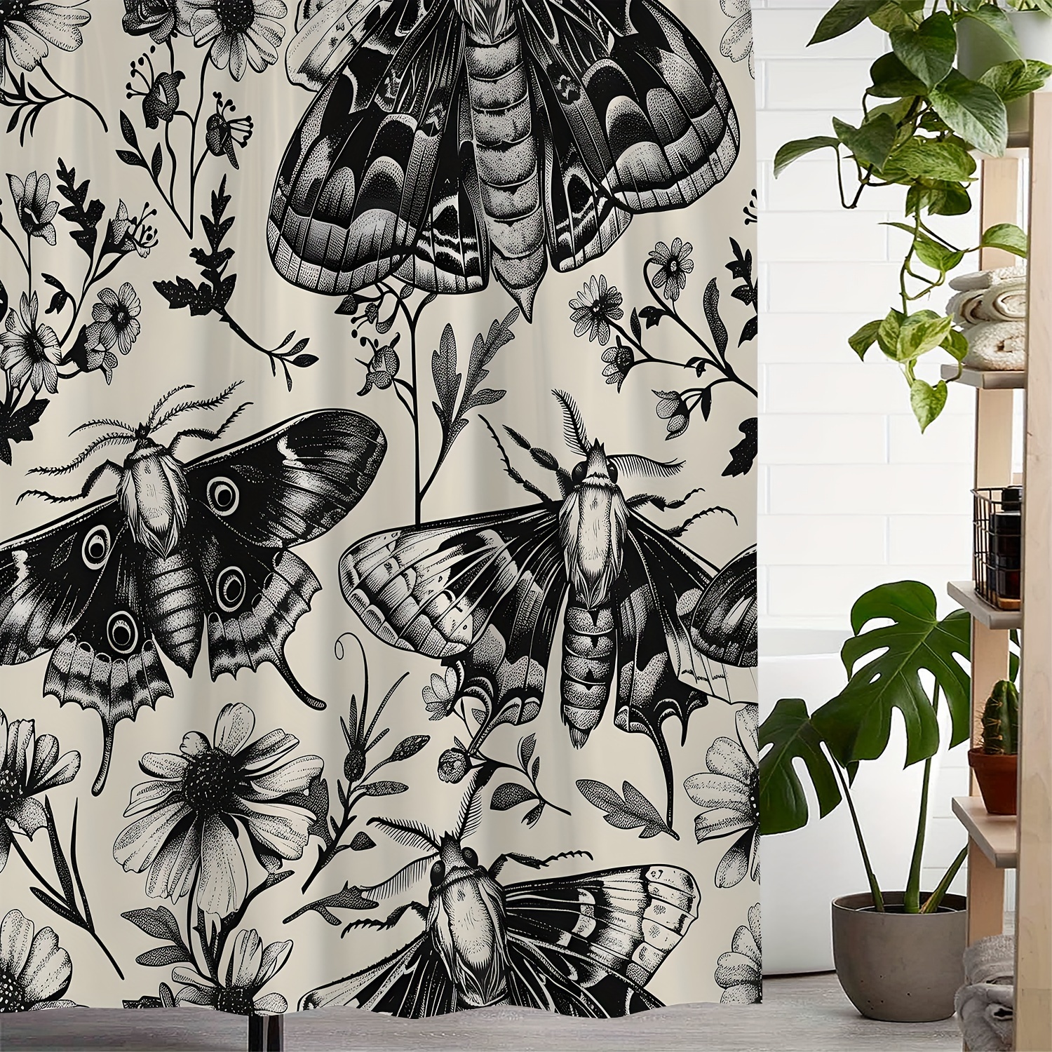 

Arts-inspired Floral And Moth Print Waterproof Polyester Shower Curtain With 12 Hooks - Water-resistant Woven Fabric, Machine Washable, Includes Hook Accessories