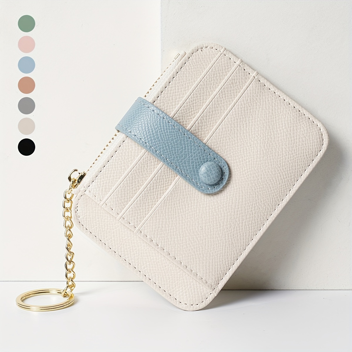 

Women's Compact Card Holder Wallet, Korean Style Minimalist Thin Coin Purse With Keychain, Casual Faux Leather Credit Card Holder