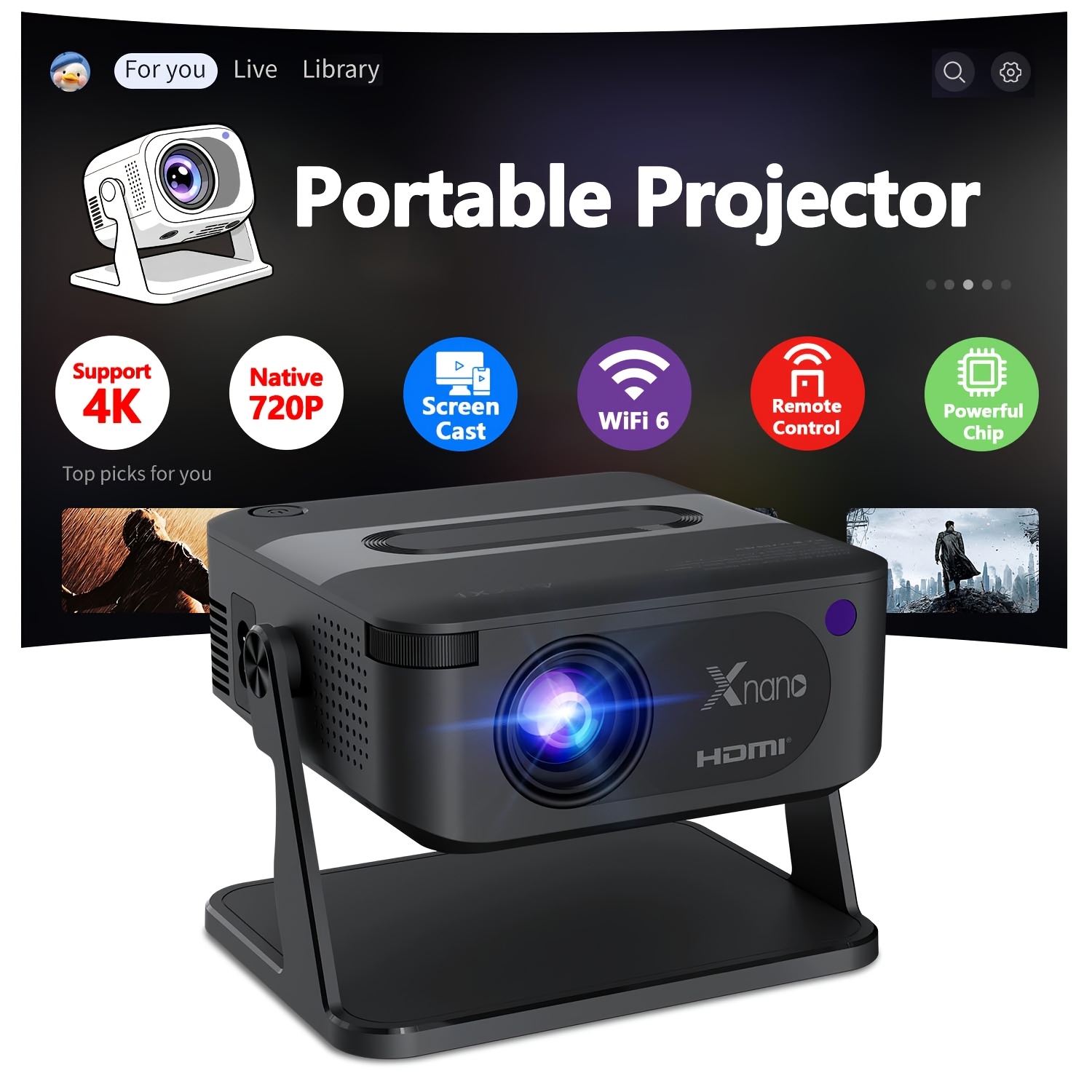 Compact Home Theater Projector Featuring 4k Compatibility, Local 720p Resolution, Voice Activation, And Automatic…: retailer-supplied image