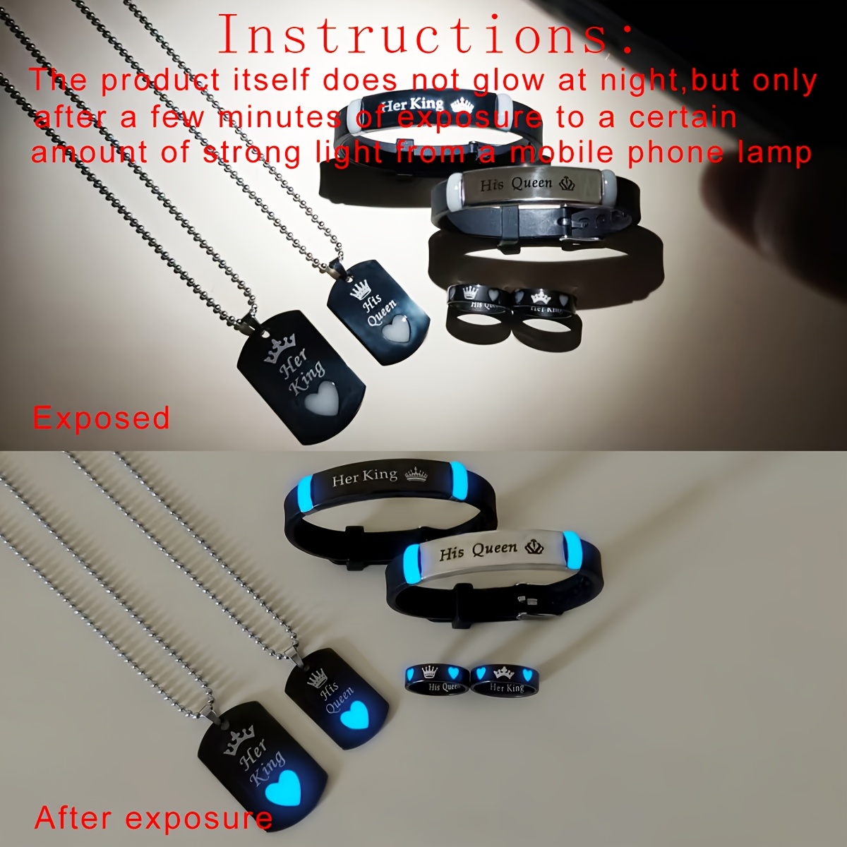 Glow-in-the-dark couple jewelry set with heart and crown design.