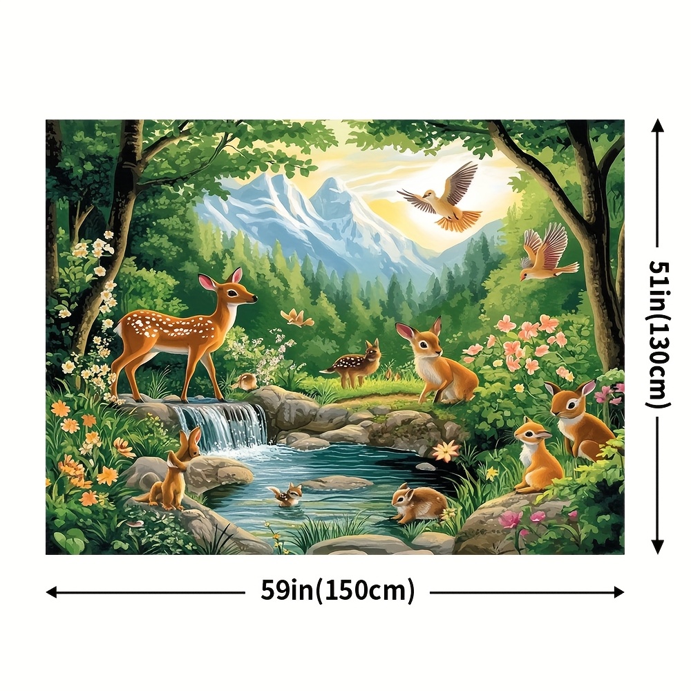 TEMU 1pc Backdrop With Fawns, Rabbits & Birds - Realistic Woodland Animals, Waterfall & Pine Trees - Durable Polyester Fabric For Birthday Parties,