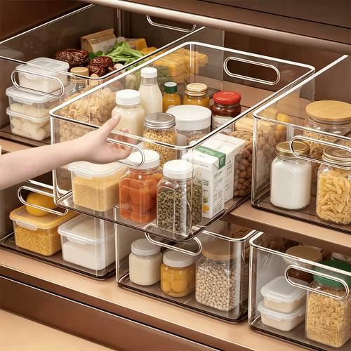 6er-set gewürzregal aus pet-material, transparente, strapazierfähige mehrzweck-aufbewahrungsbox für zuhause mit griff, zum organisieren aufbewahren von gewürzen, gewürzzutaten, getreide verschiedenen körnern in der heimischen küche oder im kühlschrank. stapelbare, platzsparende