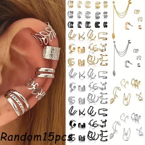 random 12pcs 15pcs womens fashion clip on earrings stylish simple luxurious old money style bohemian style high end quality versatile for daily wear elegant leaf shaped irregular star womens ear clip set