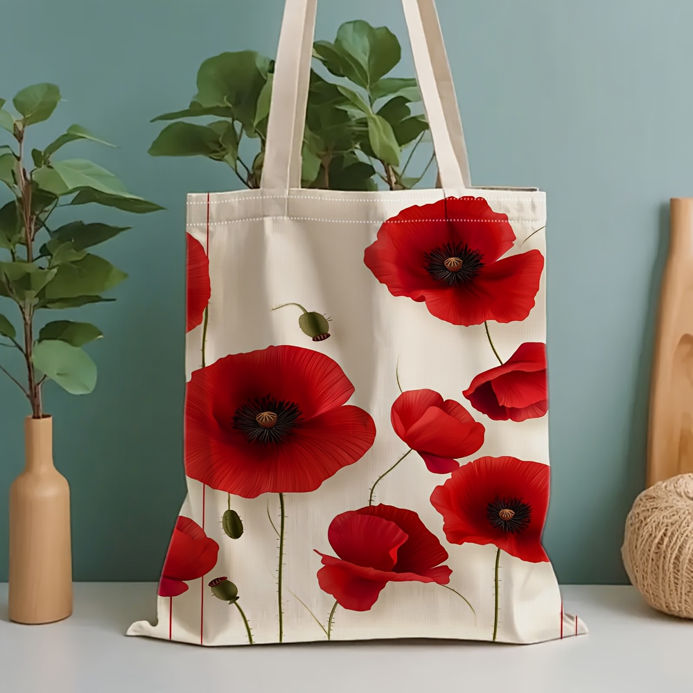 TEMU 1pc Sac à bandoulière imprimé motif coquelicot rouge chaud avec impression -, sac à main multifonctionnel décontracté, sac tendance, sac de