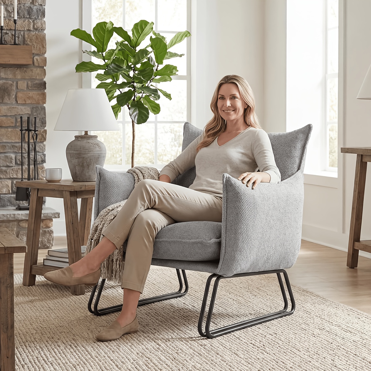 Modern Dining Chair with Thick Cushion and Metal Legs