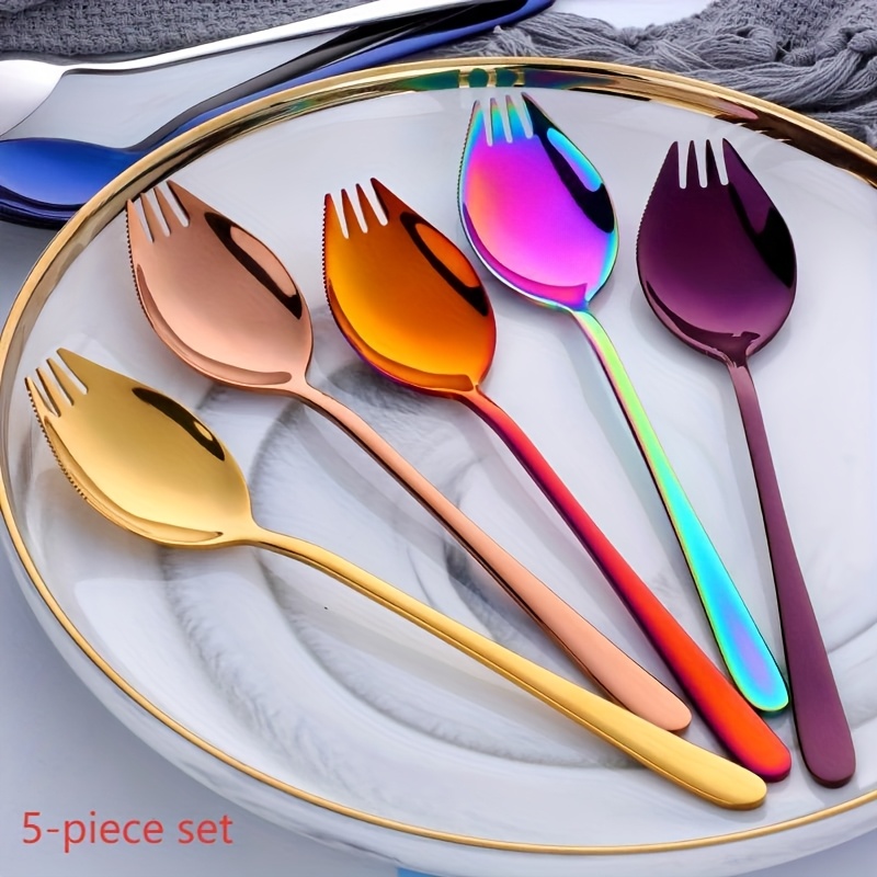 Image of 5pcs Set Of Colorful And Interesting Spoons, 304 Stainless Steel Toothed Spoon, Salad Fork, Integrated Spoon, Multifunctional Spoon, Teaspoon, Noodle Fork, Kitchen Utensil Set, Dishwasher Usable