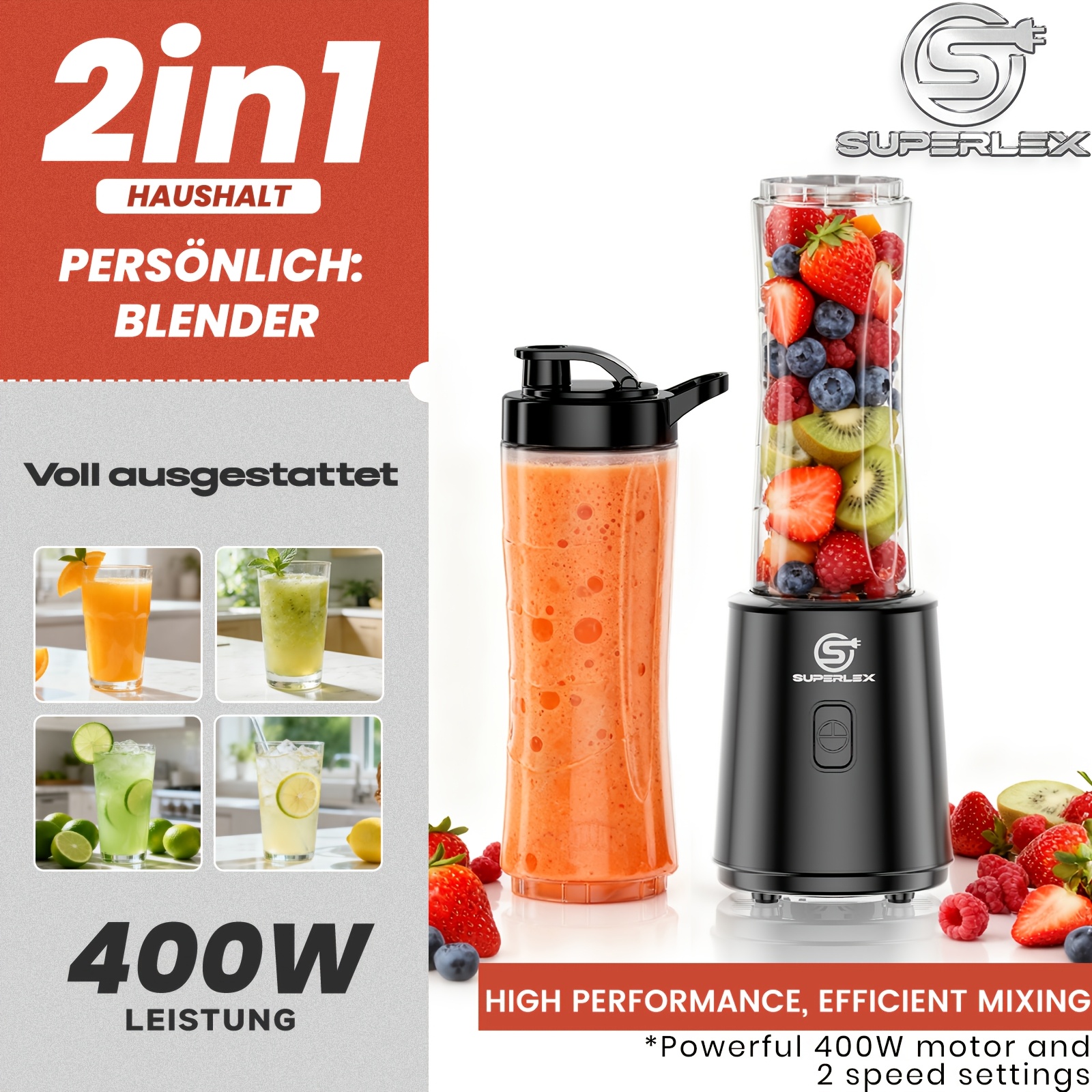 TEMU Superlex Portable Blender And Milkshake And Smoothie Blender, High Speed, 2 , Lightweight, Detachable Cup, With 2 X 600ml Cups, Dishwasher Safe,