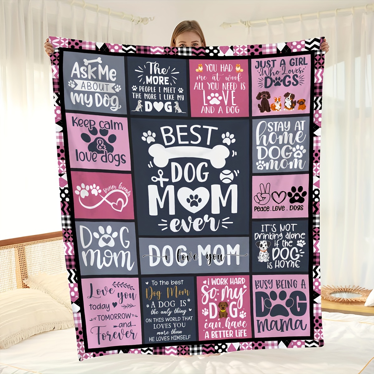 

1pc The Best Dog Mom Blanket Splicing Pattern Soft Blanket Flannel Blanket For Sofa Bed