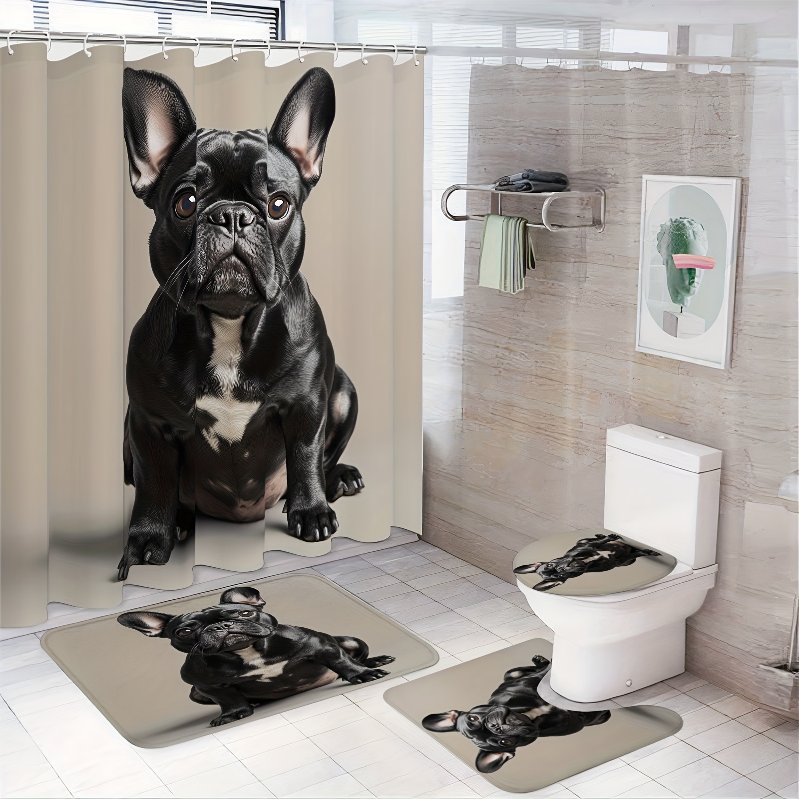 

French Bulldog Bathroom Mat And Accessory Set, Stain-resistant Polyester Bath Ensemble With Knit Weave, Dog Themed Decor With Machine Washable Fabric, Includes Eyelet Hooks For All