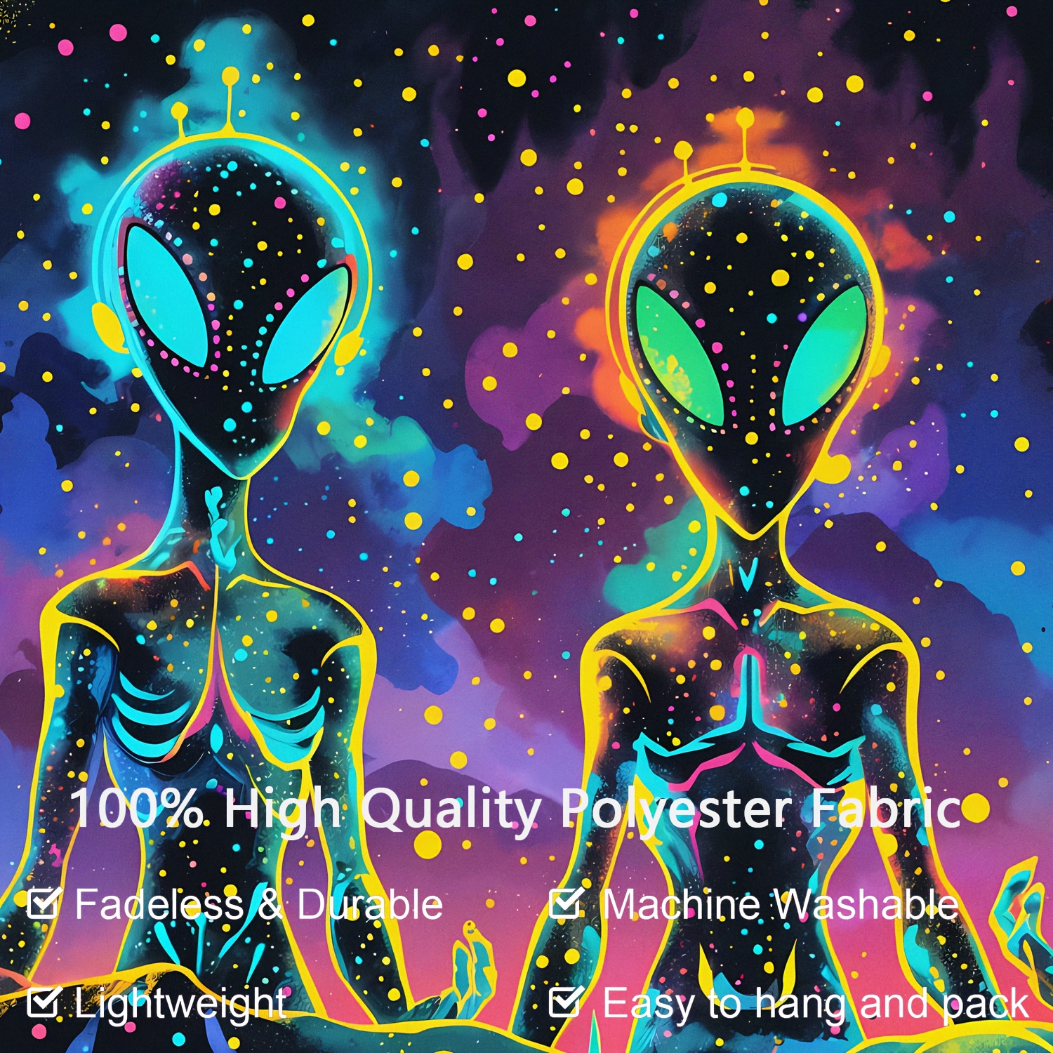 Three Mysterious Aliens Glow In Uv Light Aesthetic Wall Tapestry_voghion.com