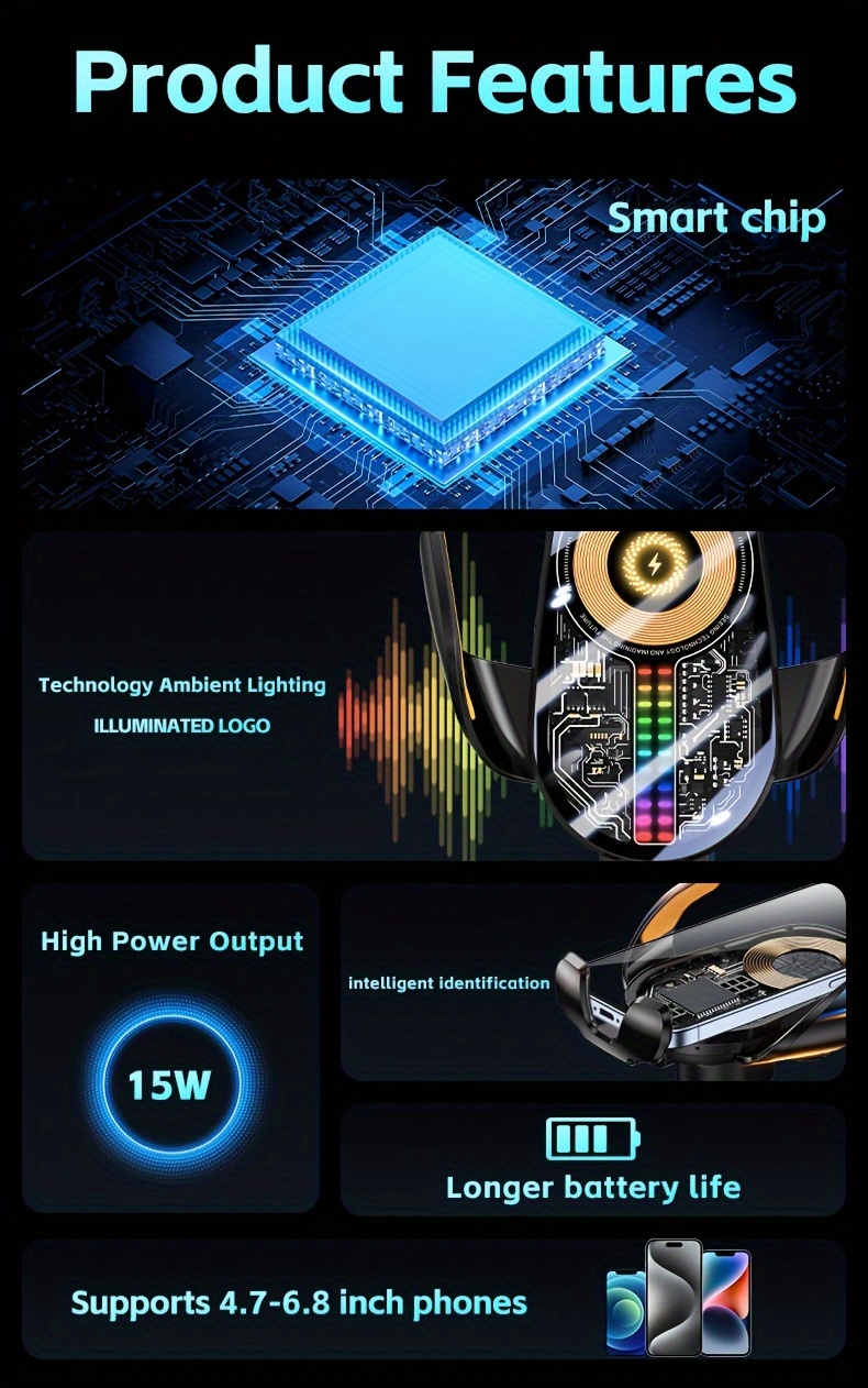 2024 smart wireless car charger stand with touch sensor 15w fast charging usb charging abs material rechargeable lithium polymer battery built in battery music ambient light effect details 2