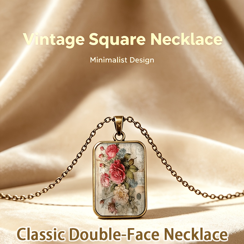 TEMU 1pc Square Transparent Glass Base Classic Creative Necklace/pendant, Pink Small Flowers On Vintage Paper, Soft And Elegant , Party Gift,