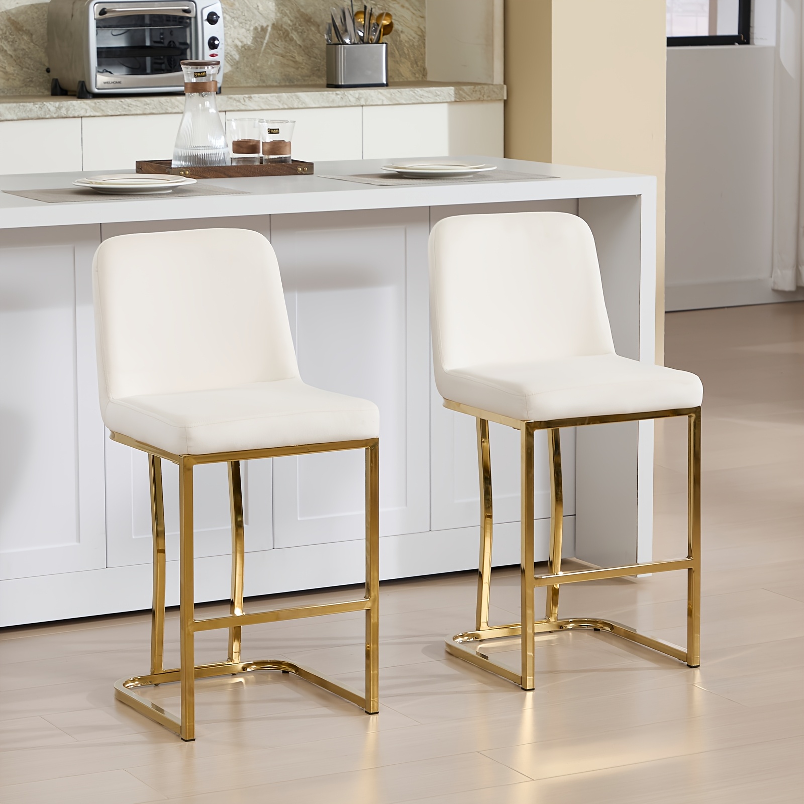 Image of Set Of 2 Contemporary Bar Stools Featuring A Metal Structure And Foot Pads, Armless Cushioned Counter Stools Suitable For Kitchen Islands, Dining Areas, And Bars