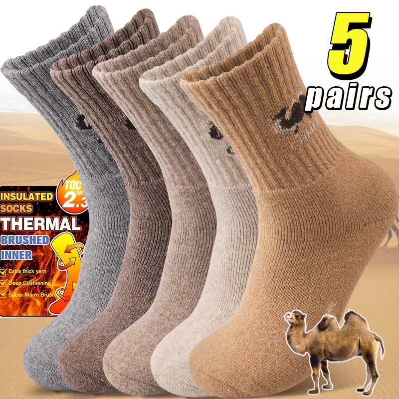 

5 Pairs Men's Socks - Thickened Mid-calf Animal Camel Pattern, Warm Knit Fabric, Hand Washable, Ideal For Outdoor Hiking & Climbing, Gift For Men And Dad