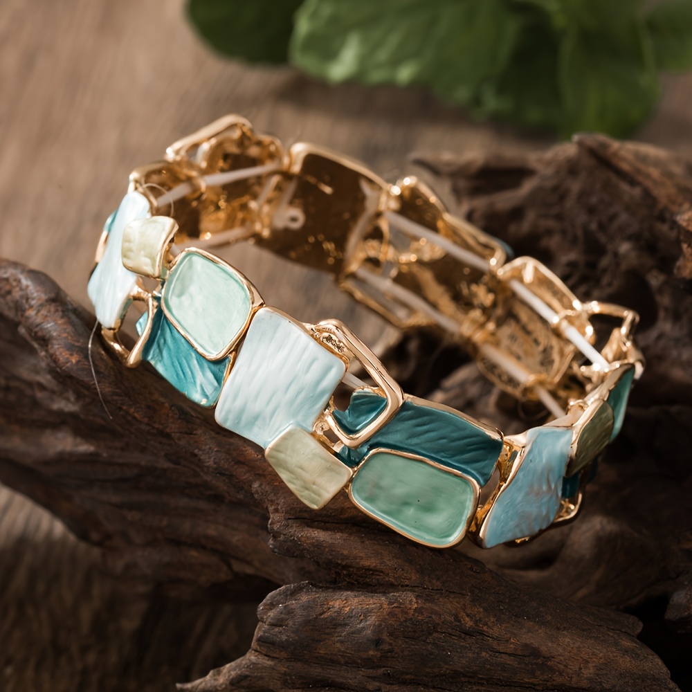 E-shop 1 Stück stilvolles, bohemian-geometrisches Emaille-Stretch-Armband für Damen, mit einem trendigen goldenen Design aus Zinklegierung, für den