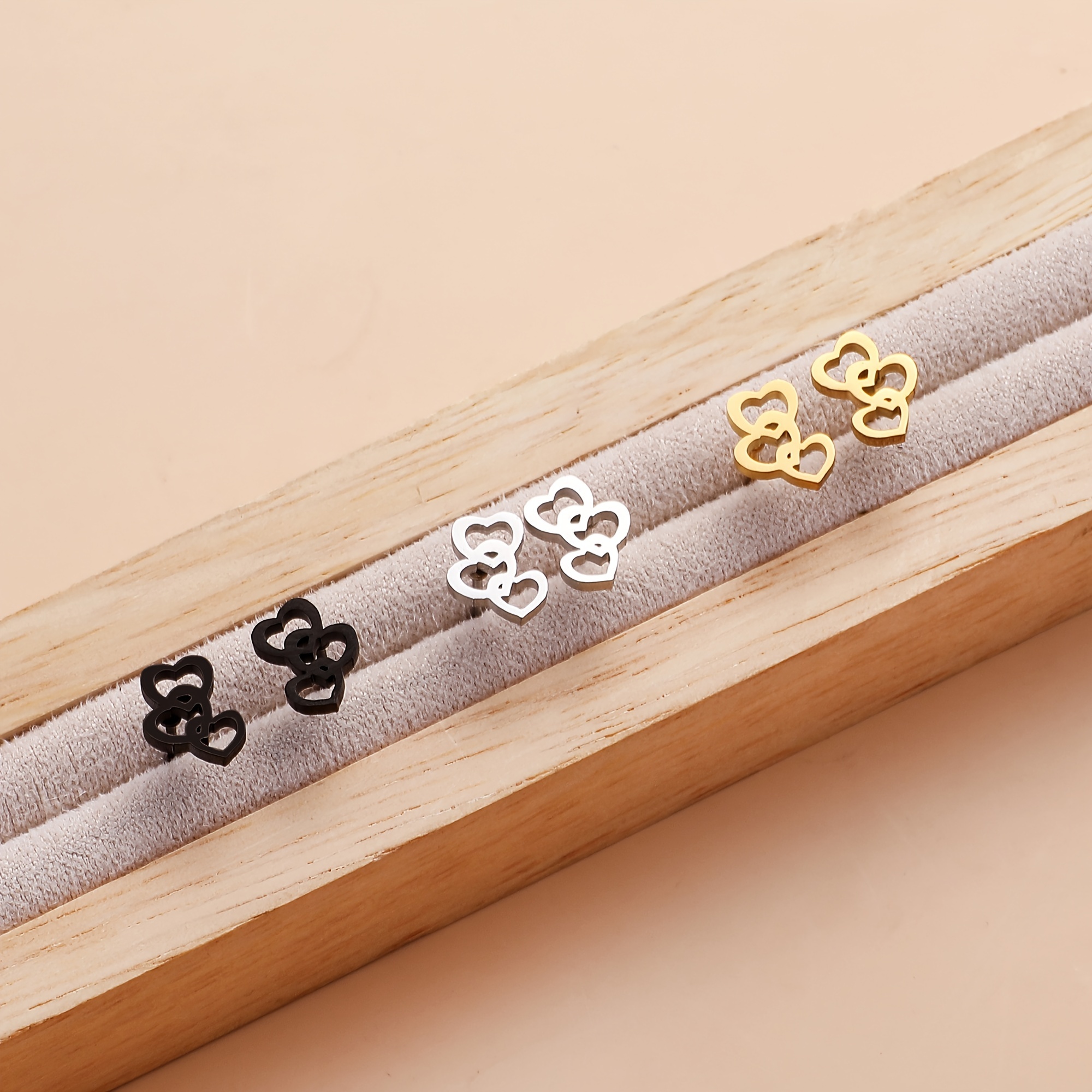 3-pair 3-color 6pcs Set Stainless Steel Hypoallergenic Design Casual Attire Women's Stud Earrings