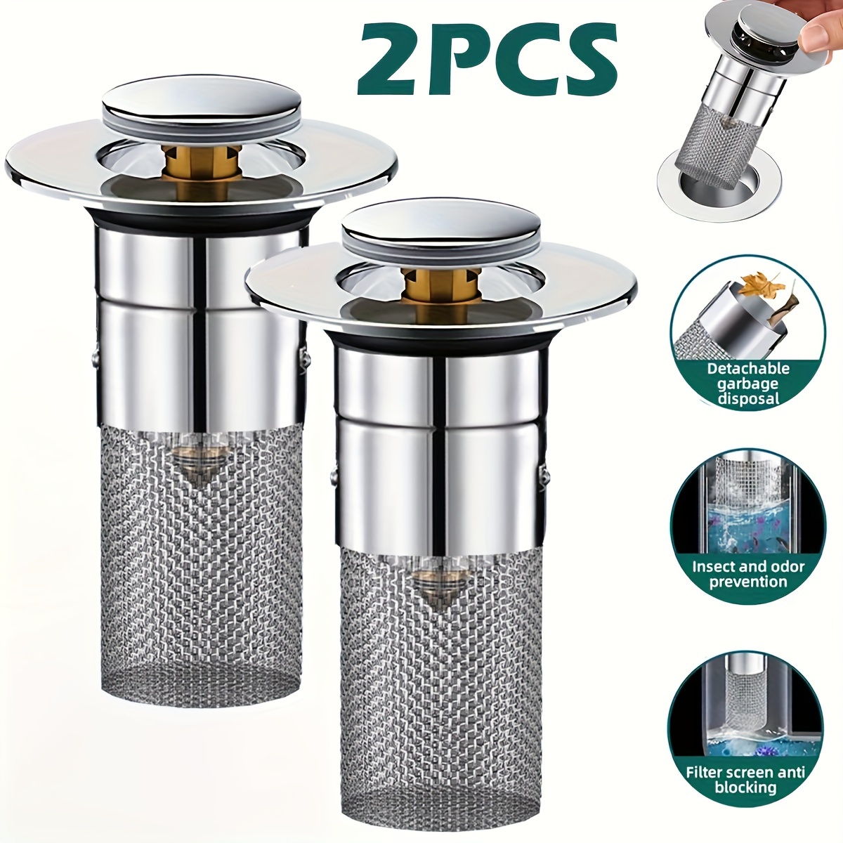 

2pcs Brass Stainless Steel Sink Drain Strainer With Removable Cover, Pop-up Bathroom Basin Plug Stopper, Anti-odor Bouncing Core Filter For Home And Office Decor – Fits 1 To 1.5 Inch Apertures