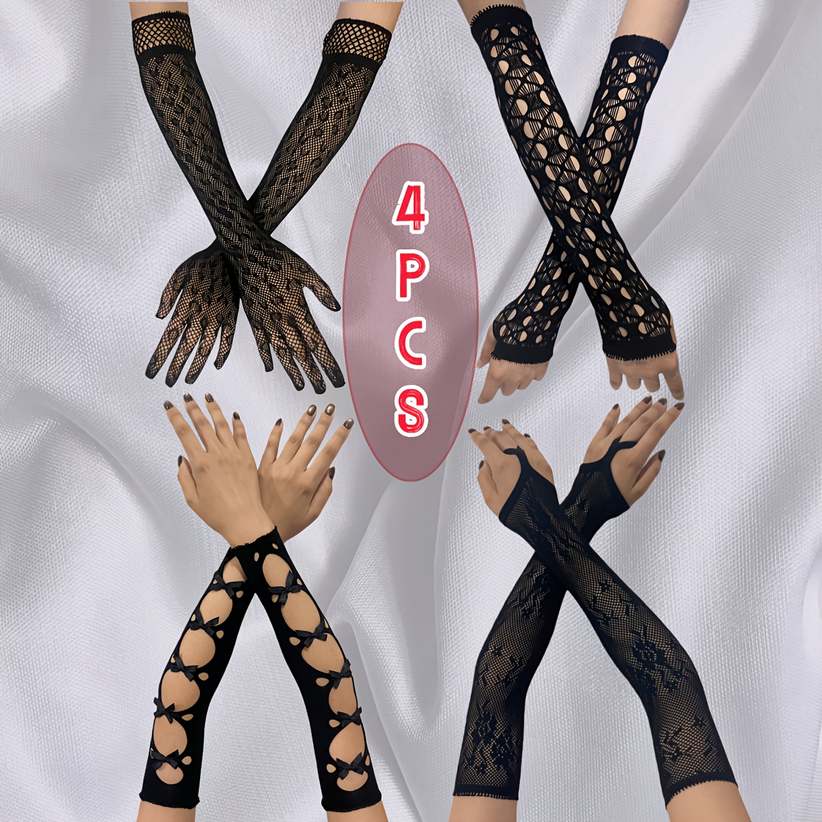 TEMU 4pcs Set Of Fashion Decorative Gloves, Net Elastic Fashion Arm Sleeves, Holiday Party Clothing Additions Gloves