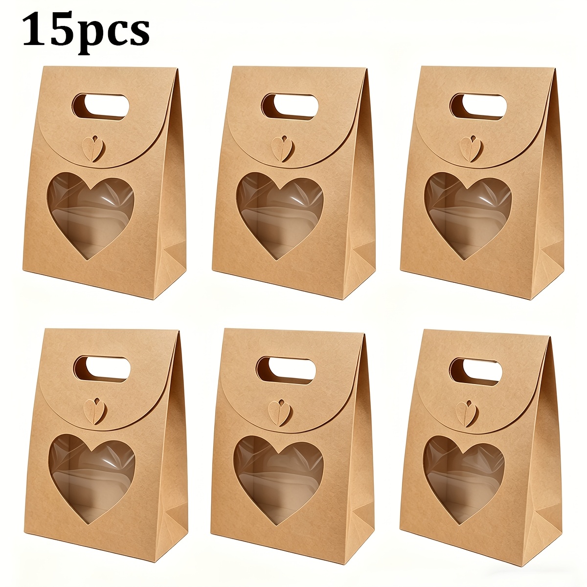 TEMU 6/15/26/36/52pcs Brown Heart-shaped Cardboard Window Boxes, Brown Folding Gift Boxes, With Handle, Transparent Window Design, Size 12 X 6.5 X