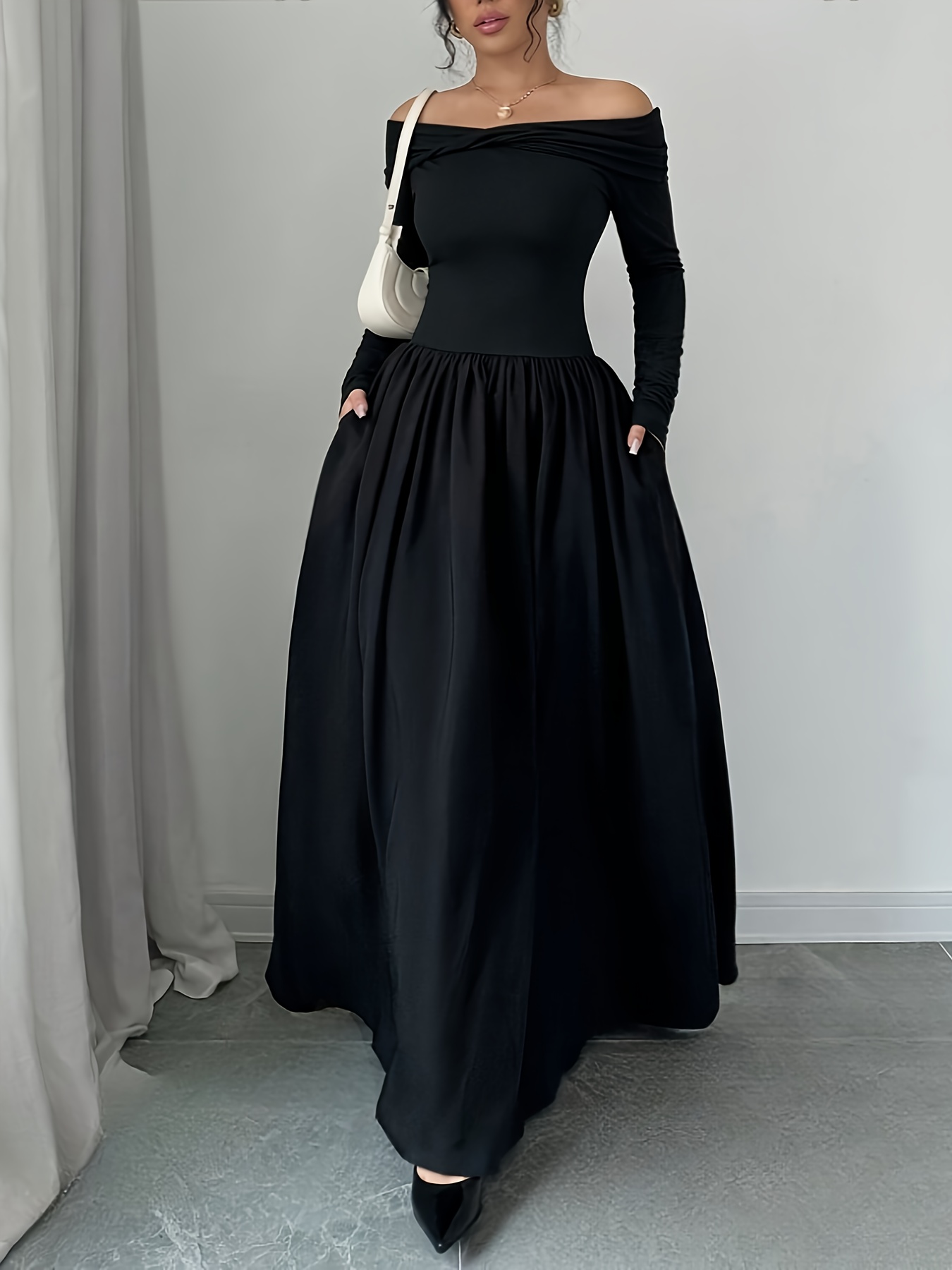 womens elegant shoulder long sleeve maxi dress solid black Temu Oman