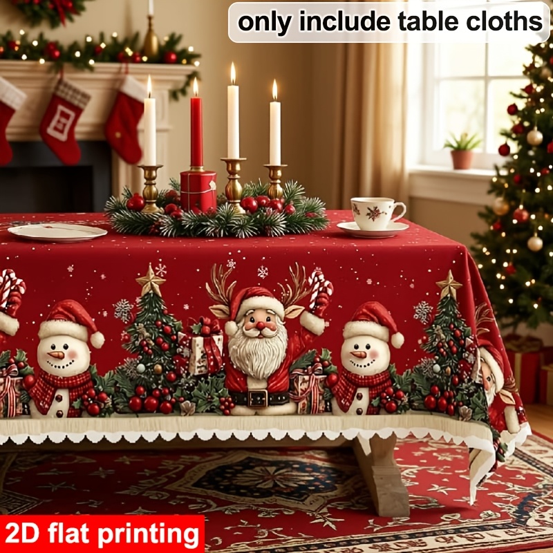 TEMU 1pc Christmas Tablecloth, Red And White Decor, Santa Claus, Snowman And Christmas Tree, Round, Rectangular, Oval, Suitable For Banquets,