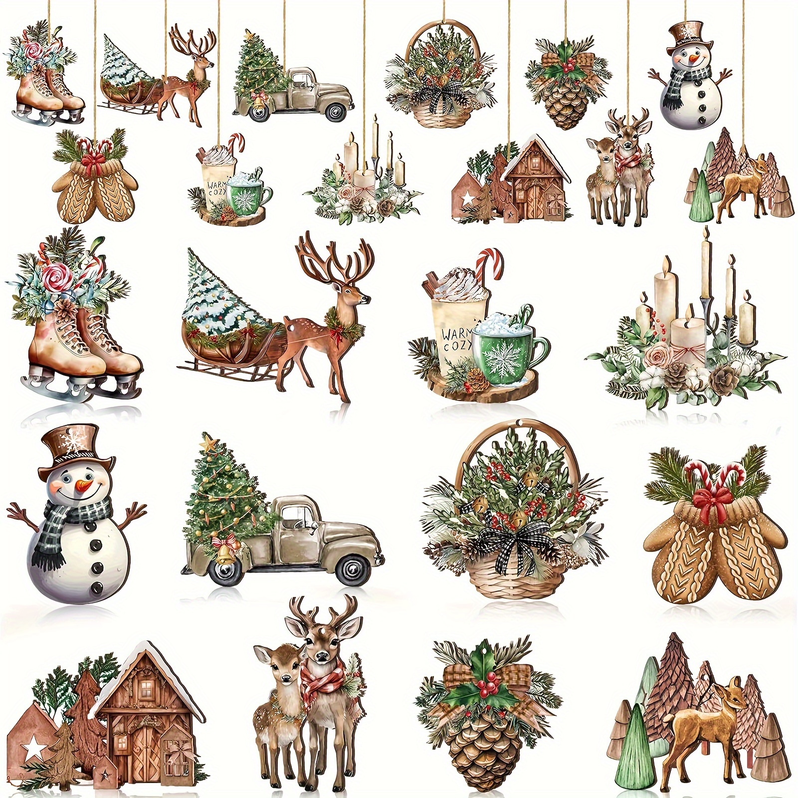 

[customer ] 12/24pcs Wooden Christmas Ornaments Set - Cone, Reindeer, Truck & Snowman Designs For Tree Decoration And Home Holiday Decor, Thanksgiving