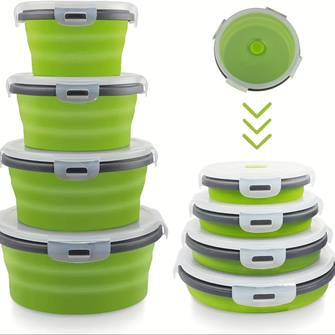 Image of 4pcs Set Of Round Silicone Food Storage Containers With Lids, Collapsible Silicone Bowls For Kitchen And Camping, Leak-proof, Microwave And Freezer Safe
