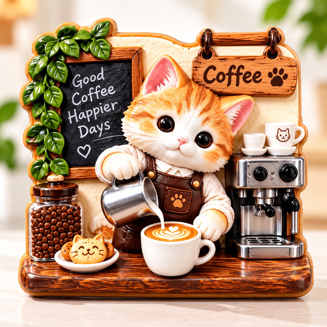 TEMU 1pc 1pcs 3d Raised Relief Cat Barista Coffee Magnet - Resin Fridge Magnets Suitable, Miniature Decor With Base, Decorative Gift For Cat Lovers &