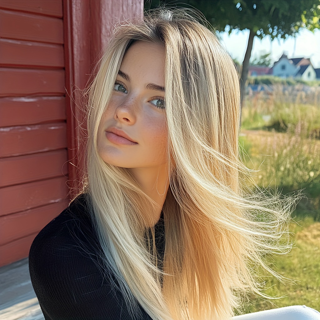 TEMU 2025 New Gradient Straight Wig For Women - High Quality Heat Resistant Fiber, Blow Dry & Friendly, Natural Dark Brown With Golden Highlights,