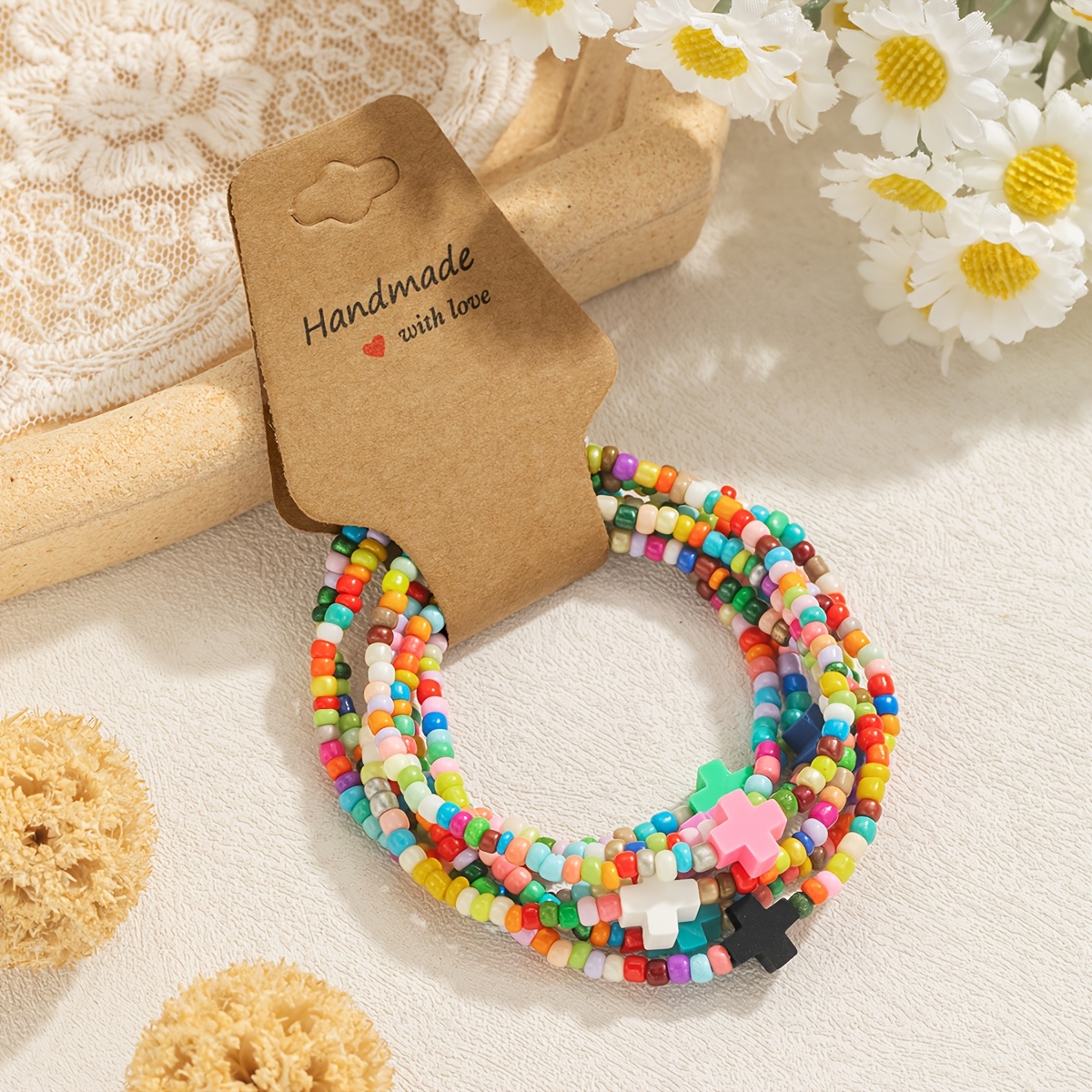 Image of 7pcs Vintage Style Multicolor Rice Bead Cross Stacked Women's Card Pack Bracelet